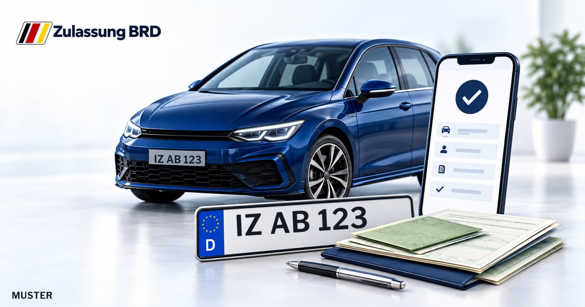 Online Fahrzeugzulassung in Itzehoe: Musterkennzeichen IZ AB 123, Auto und Fahrzeugpapiere und Smartphone. Illustration mit Logo von Zulassung BRD.